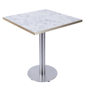 WHITE MARBLE GOLD TRIM TABLE WIITH ROUND BRUSHED METAL BASE