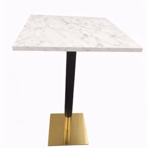 WHITE MARBLE TOP WITH BLACK AND GOLD SQAURE POSEURE BAR HEIGHT STAND