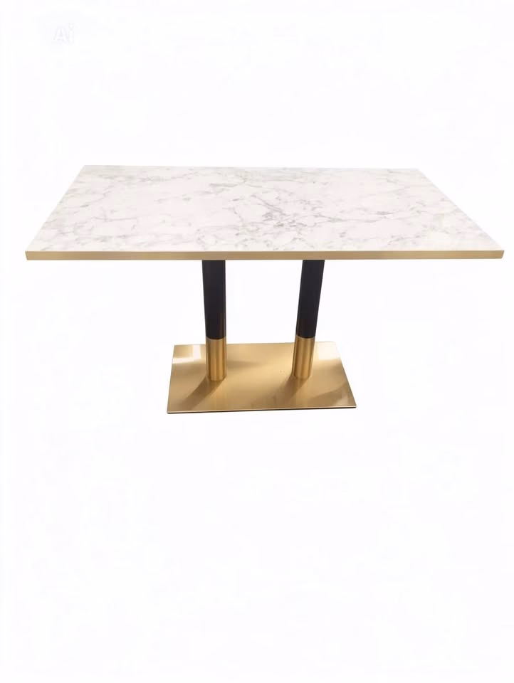 WHITE MARBLE TOP WITH BLACK AND GOLD SQAURE BASE 1200X700 WHITE MARBLE TOP WITH BLACK AND GOLD SQAURE BASE 1200X700